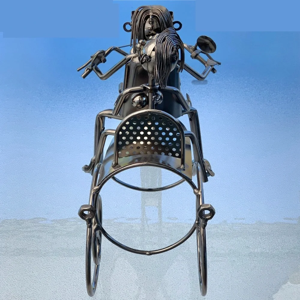 Couple On A Motorcycle Single Wine Bottle Holder Metallic Sculpture
